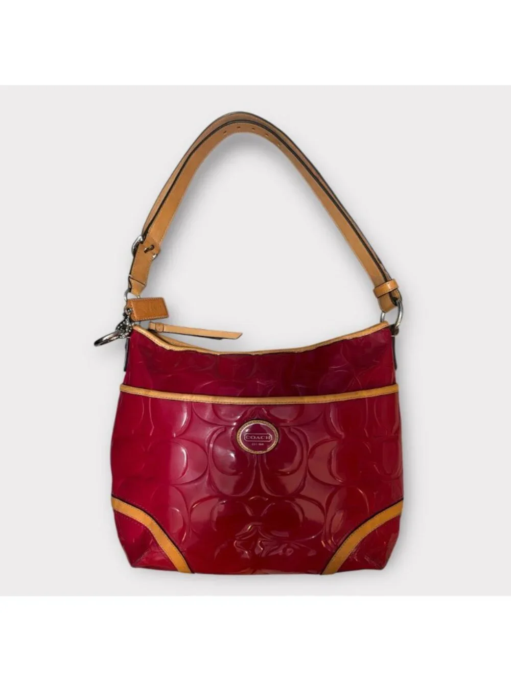 Coach Peyton Embossed C Patent Leather Hobo F20022 Pink Cerise Tan Trim Converts